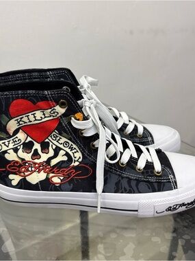 Ed Hardy Black High-Top Sneakers with Red Heart & Skull Art